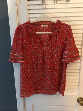 Max Studio Red Floral Ruffle Neck Short Sleeve Blouse